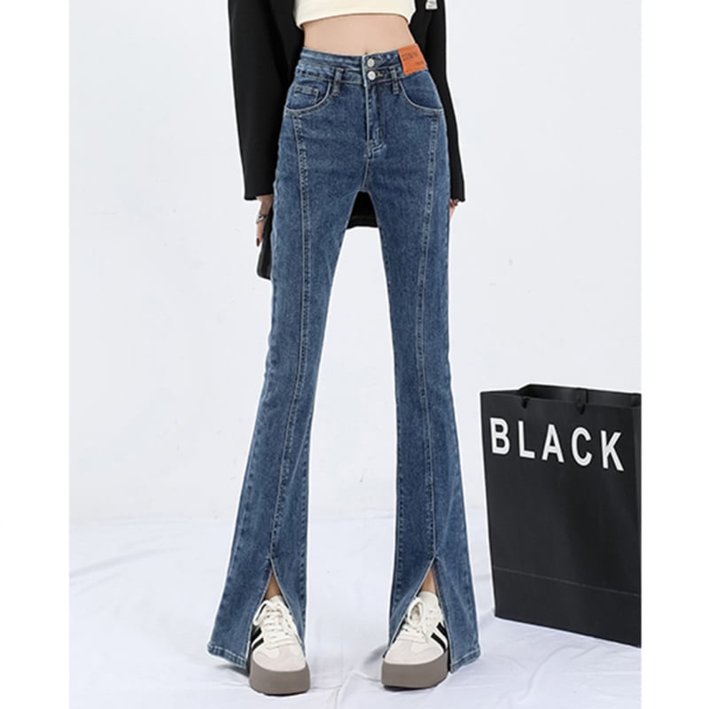 Jeansid, Korea stiili sirge lõikega, fleece-voodriga denim, kõrge vöökoht, tõmblukk ja taskute kaunistused