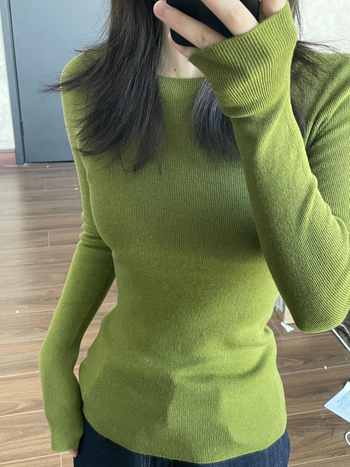 Top basic tricotat pentru femei, guler rotund, mâneci lungi, stil pulover, croi normal