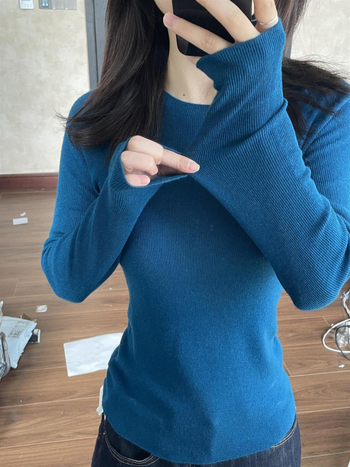 Top basic tricotat pentru femei, guler rotund, mâneci lungi, stil pulover, croi normal