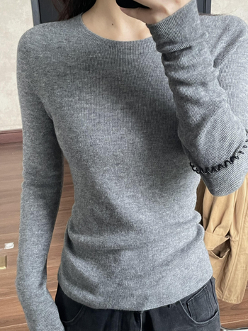 Top basic tricotat pentru femei, guler rotund, mâneci lungi, stil pulover, croi normal