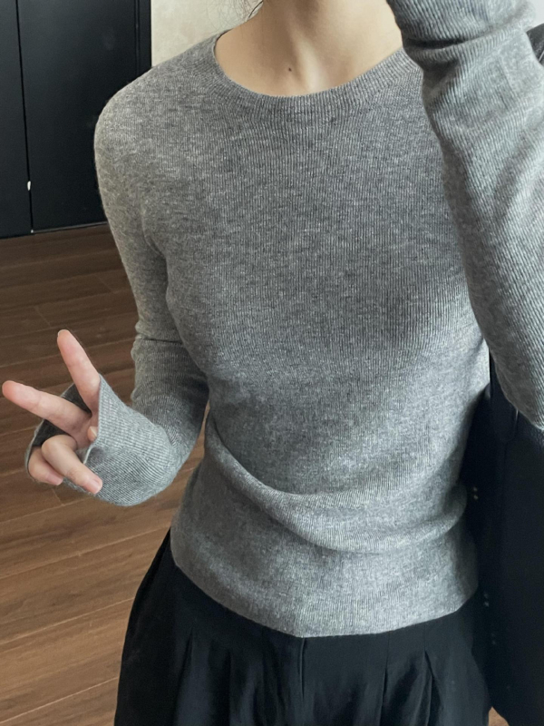 Top basic tricotat pentru femei, guler rotund, mâneci lungi, stil pulover, croi normal