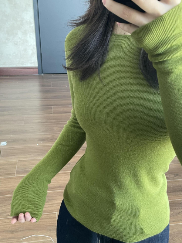 Top basic tricotat pentru femei, guler rotund, mâneci lungi, stil pulover, croi normal