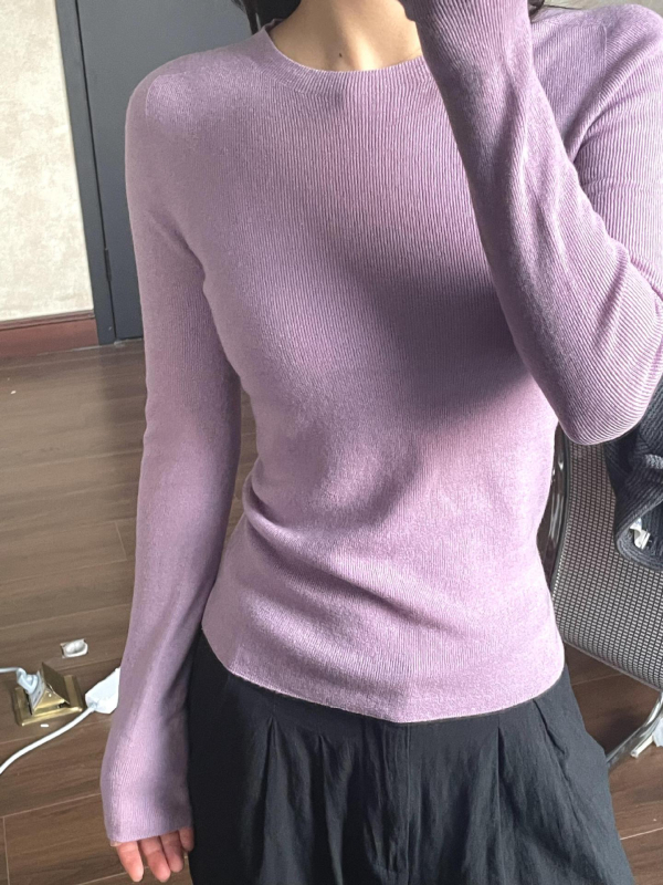 Top basic tricotat pentru femei, guler rotund, mâneci lungi, stil pulover, croi normal