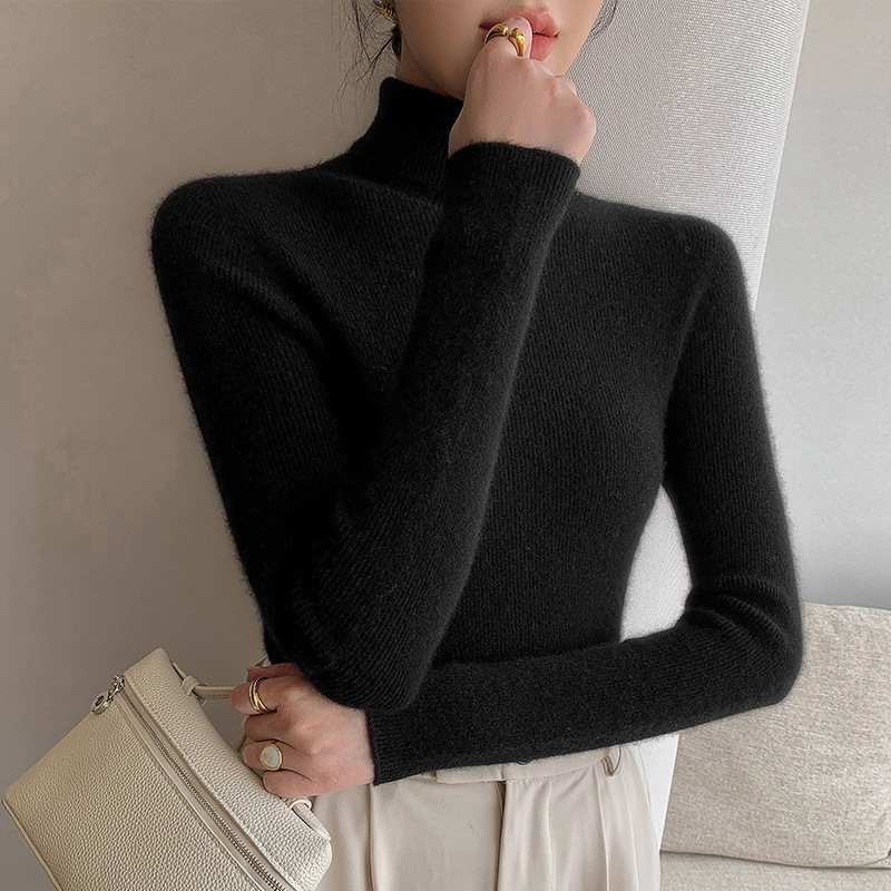 Bezšvový sveter z vlne 95%+ vlna, vysoký golier, dlhé rukávy, bežná dĺžka