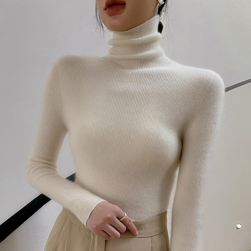 Bezšvový sveter z vlne 95%+ vlna, vysoký golier, dlhé rukávy, bežná dĺžka