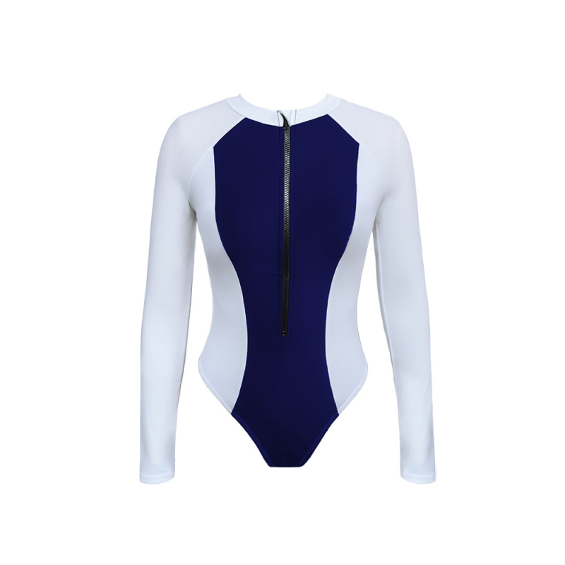 Zip ženski jednodijelni plivački kostim s dugim rukavima, ugrađenim jastučićima za grudi, materijal nylon/spandeks 80/20, uzorak Color Block