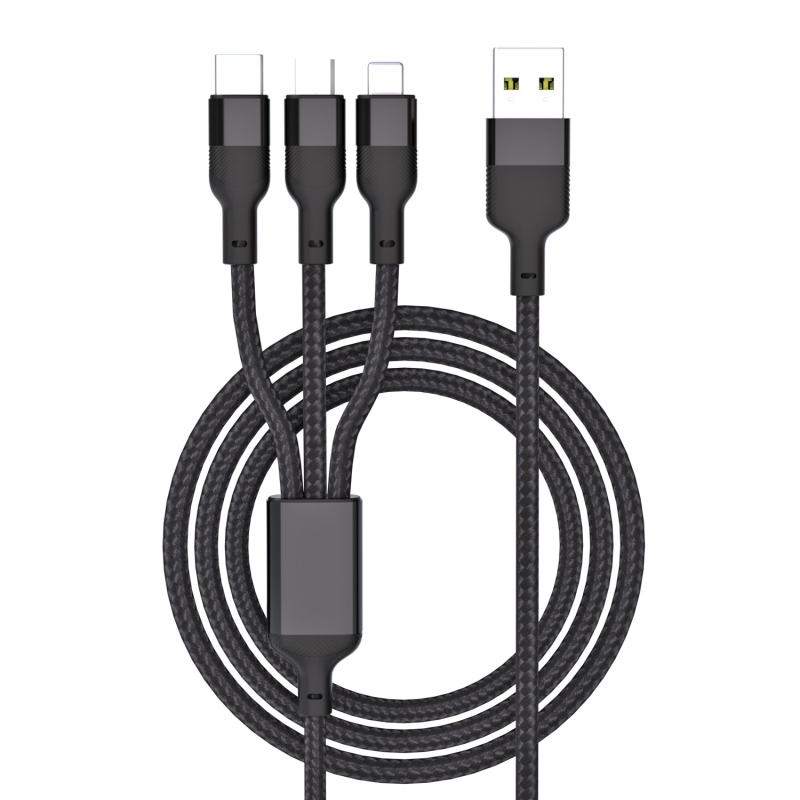 Trostruki podatkovni kabel za brzo punjenje — tri izlaza: Mini USB, Lightning, Micro USB i Type-C; automatsko isključivanje; maksimalni izlaz 6W; pleteni materijal.