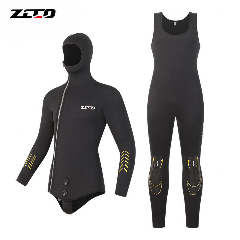 Neoprénový oblek s kapucňou, 5 mm, dvojdielny set, predný zips, na potápanie a rybolov