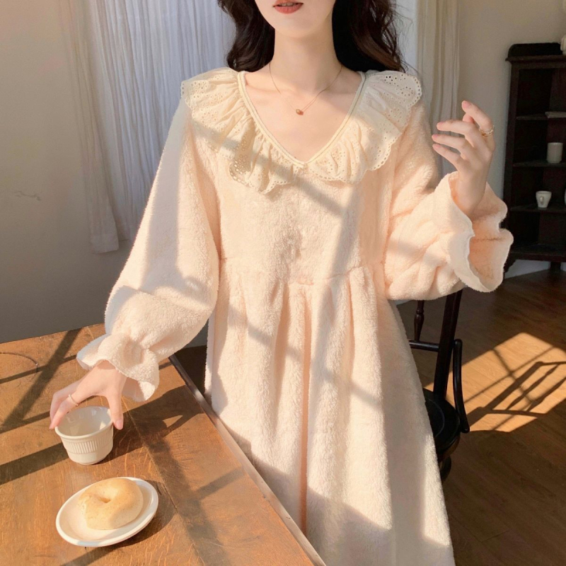 Ženska noćna haljina za zimu, trudnica, debeli koralni flis, duga, okrugli ovratnik, topla