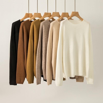 Moteriškas be siūlių vilnos megztinis su apvaliu kaklu, storas mezginys, ilgos rankovės, įprastas ilgis, ruduo–žiema 2024