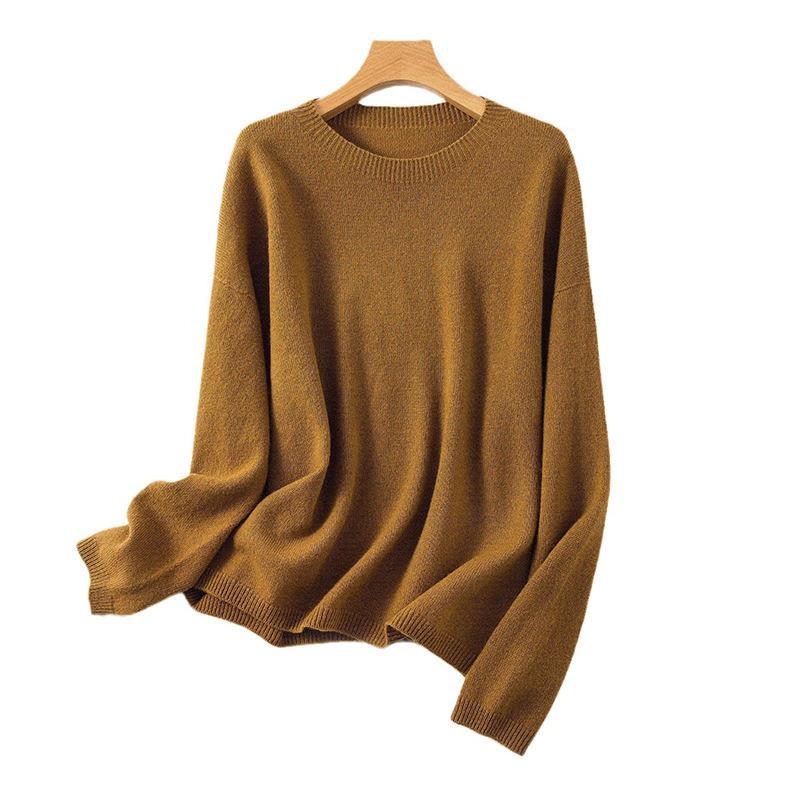Moteriškas be siūlių vilnos megztinis su apvaliu kaklu, storas mezginys, ilgos rankovės, įprastas ilgis, ruduo–žiema 2024