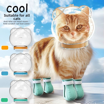 Priehľadný ochranný kryt hlavy pre mačku — proti uhryznutiu, poškriabaniu a bitkám; na kúpanie a strihanie nechtov; materiál: plast; značka Cute and Fun