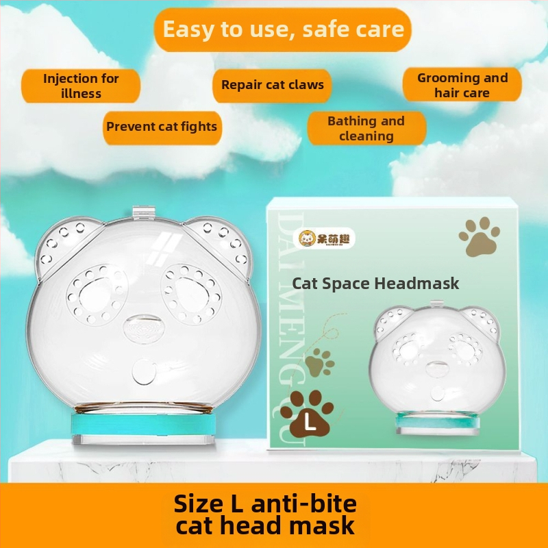 Priehľadný ochranný kryt hlavy pre mačku — proti uhryznutiu, poškriabaniu a bitkám; na kúpanie a strihanie nechtov; materiál: plast; značka Cute and Fun