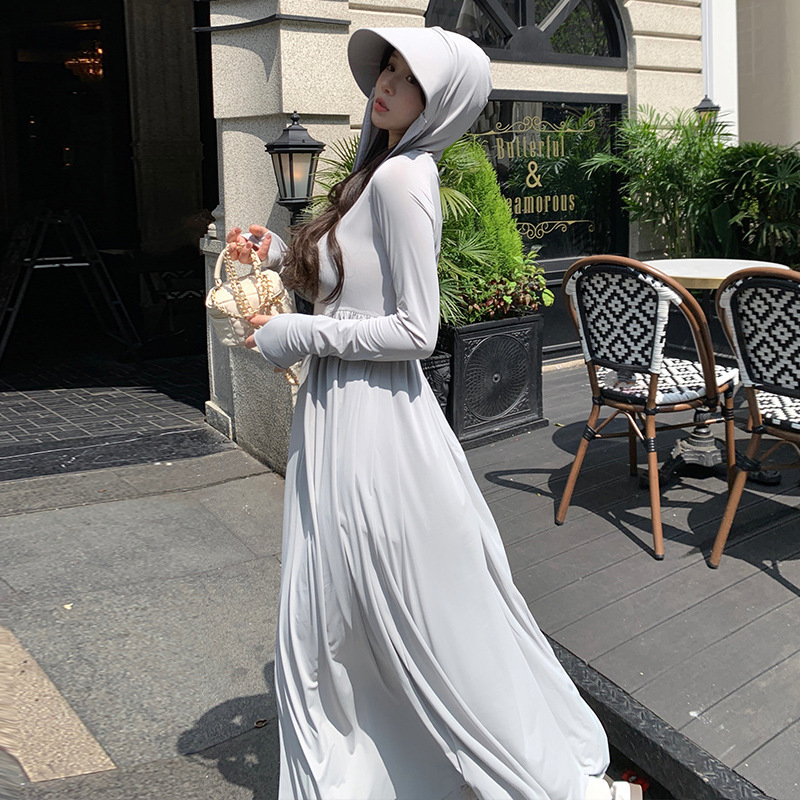 Dlhý UV-ochranný outdoor windbreaker s kapucňou, SPF 40, priedušný, rýchloschnúci, Spandex látka