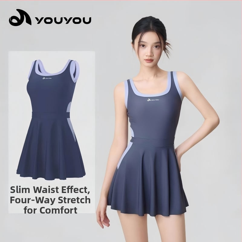 Ženské jednodielne plavky so sukňovým štýlom, s vstavanými vypchávkami na prsia, bez kovovej podpory, polyester-spandex materiál 85%