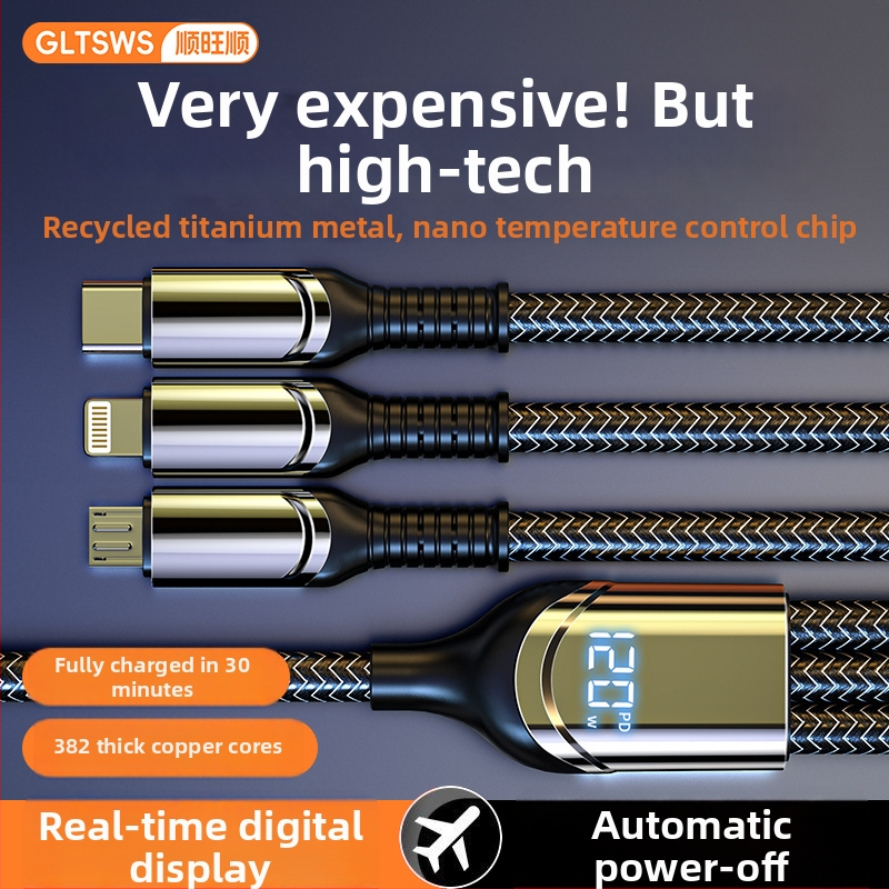 3-v-1 dátovo-nabíjací kábel s digitálnym displejom, 120W, konektory Lightning, Micro USB, USB-C, zinková zliatina, 1–3 výstupy