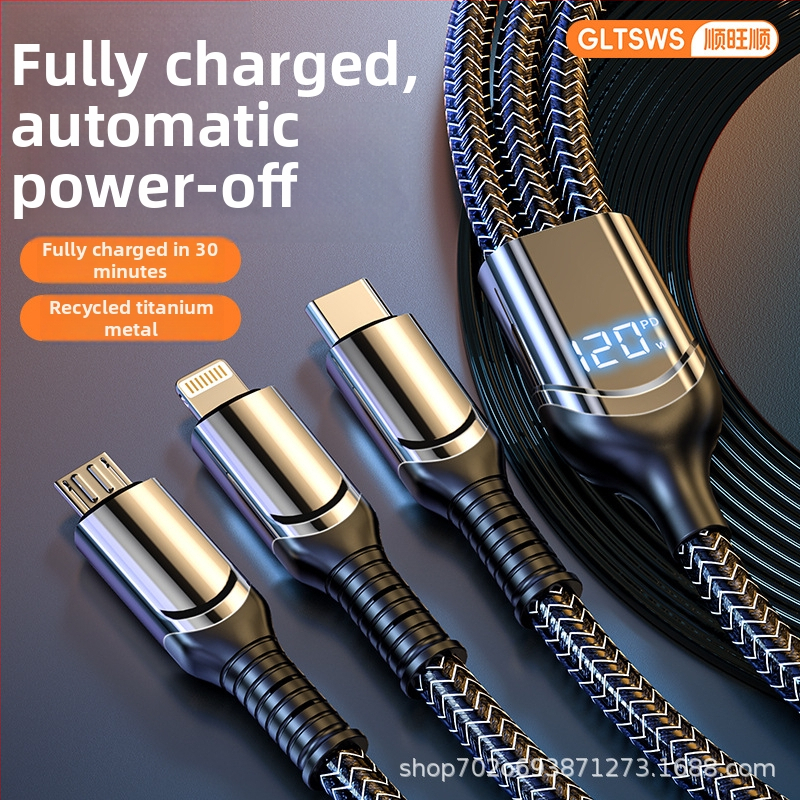 3-v-1 dátovo-nabíjací kábel s digitálnym displejom, 120W, konektory Lightning, Micro USB, USB-C, zinková zliatina, 1–3 výstupy