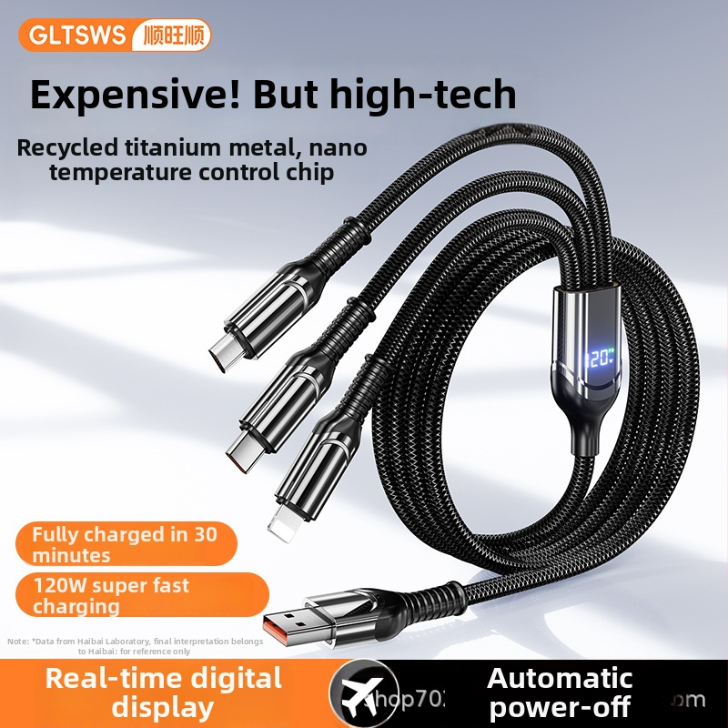 3-v-1 dátovo-nabíjací kábel s digitálnym displejom, 120W, konektory Lightning, Micro USB, USB-C, zinková zliatina, 1–3 výstupy