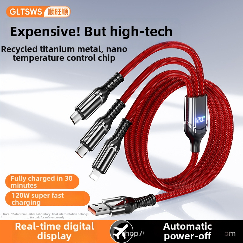 3-v-1 dátovo-nabíjací kábel s digitálnym displejom, 120W, konektory Lightning, Micro USB, USB-C, zinková zliatina, 1–3 výstupy