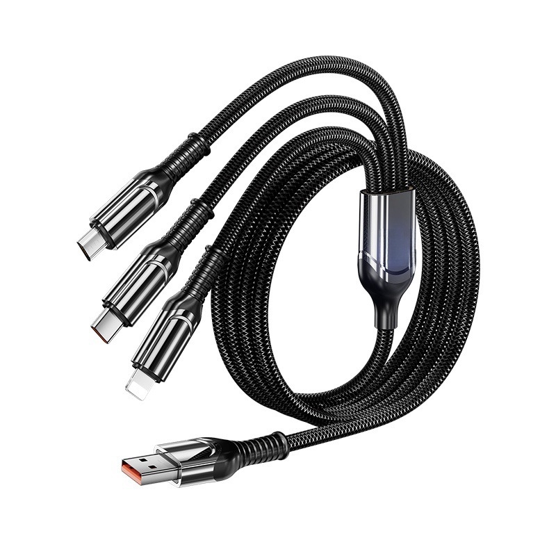 3-v-1 dátovo-nabíjací kábel s digitálnym displejom, 120W, konektory Lightning, Micro USB, USB-C, zinková zliatina, 1–3 výstupy