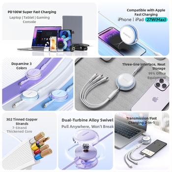 Romoss 3-v-1 kábel pre rýchle nabíjanie s Lightning, Micro USB a Type-C — jednohlavový konektor, maximálny výstup 100, PC+ABS