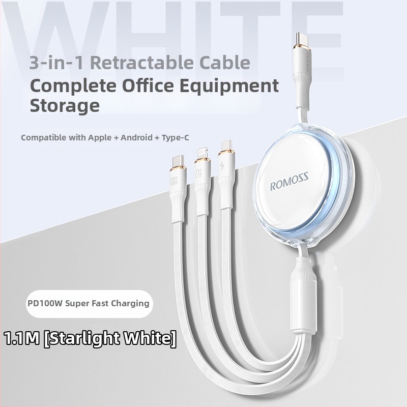 Romoss 3-v-1 kábel pre rýchle nabíjanie s Lightning, Micro USB a Type-C — jednohlavový konektor, maximálny výstup 100, PC+ABS