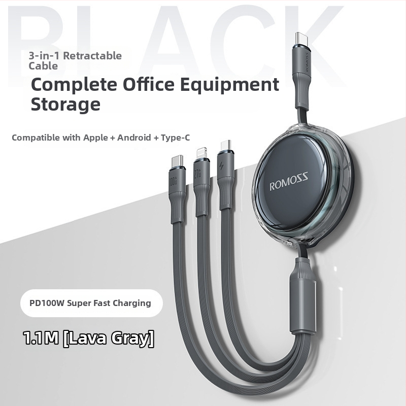Romoss 3-v-1 kábel pre rýchle nabíjanie s Lightning, Micro USB a Type-C — jednohlavový konektor, maximálny výstup 100, PC+ABS