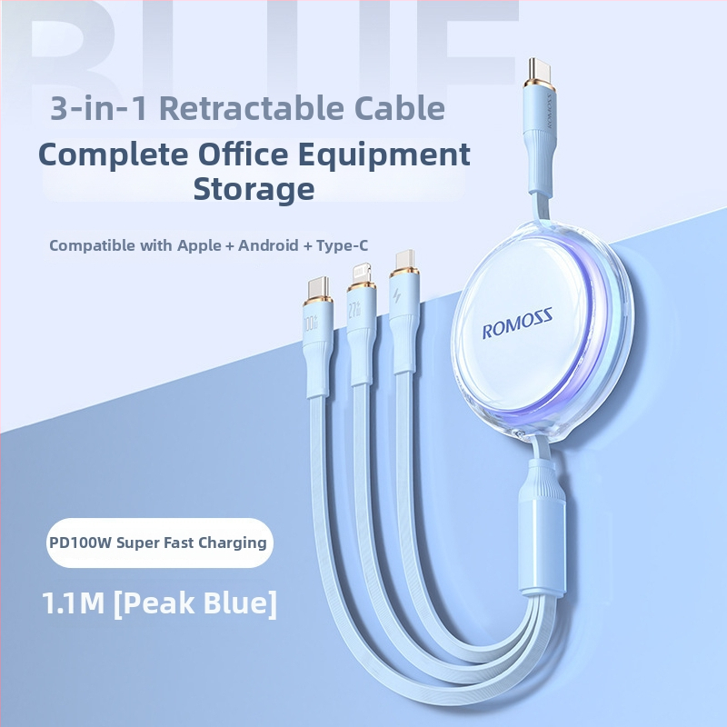 Romoss 3-v-1 kábel pre rýchle nabíjanie s Lightning, Micro USB a Type-C — jednohlavový konektor, maximálny výstup 100, PC+ABS