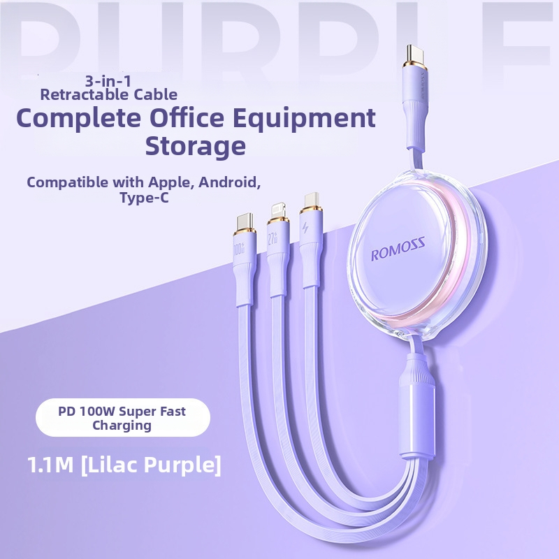 Romoss 3-v-1 kábel pre rýchle nabíjanie s Lightning, Micro USB a Type-C — jednohlavový konektor, maximálny výstup 100, PC+ABS