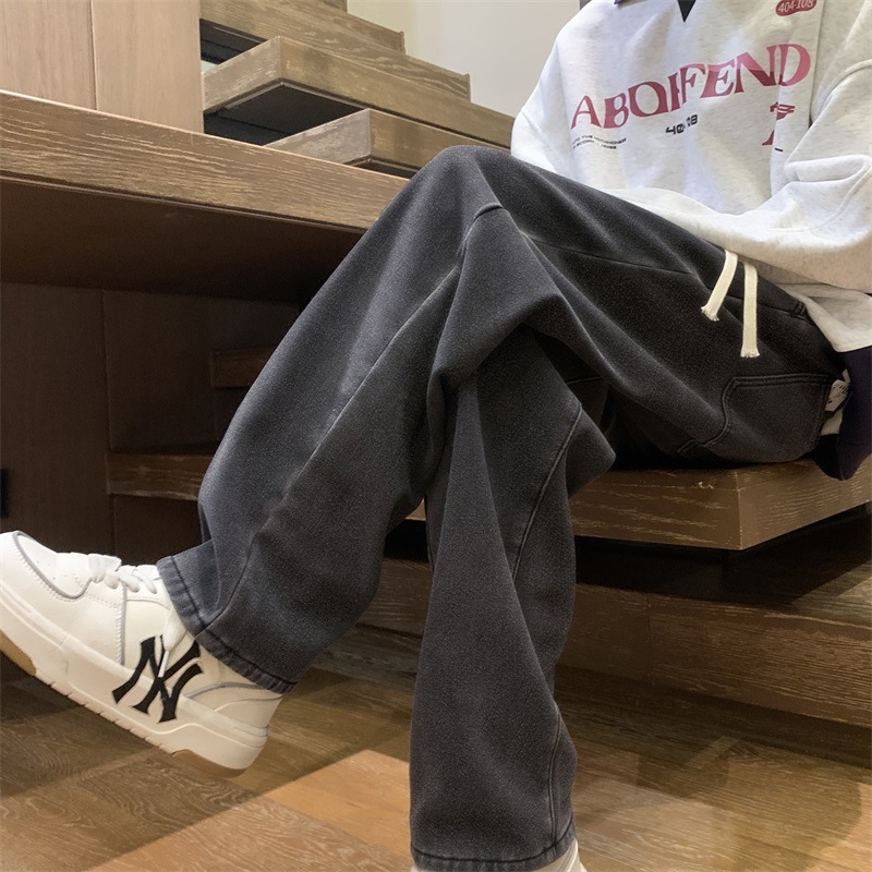 Muške traperice s flisom iznutra, vintage stil, ravni kroj, denim, srednji struk, više džepova, oprane