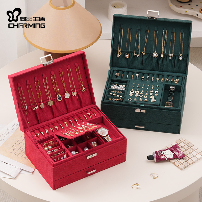 Casegrace Cutie de bijuterii, stocare cu trei straturi, model sp01359, material cortical, duritate hard