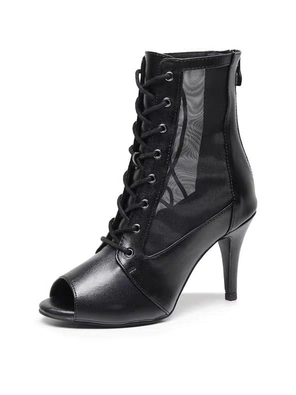 Ženske plesne cipele — visoke pete, kratke čizme s mrežastim dizajnom „riba usta“, gornji dio od sintetičke kože, gumeni đon, prozračne, protuklizne