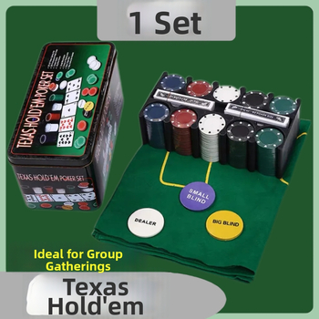 Texas Hold'em pokera žetonu komplekts ar 200 žetoniem, galda lakats, dileri taustiņš un metāla kārba iepakojumā