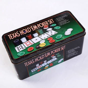 Texas Hold'em pokera žetonu komplekts ar 200 žetoniem, galda lakats, dileri taustiņš un metāla kārba iepakojumā