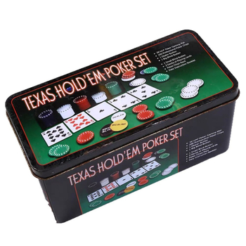 Texas Hold'em pokera žetonu komplekts ar 200 žetoniem, galda lakats, dileri taustiņš un metāla kārba iepakojumā