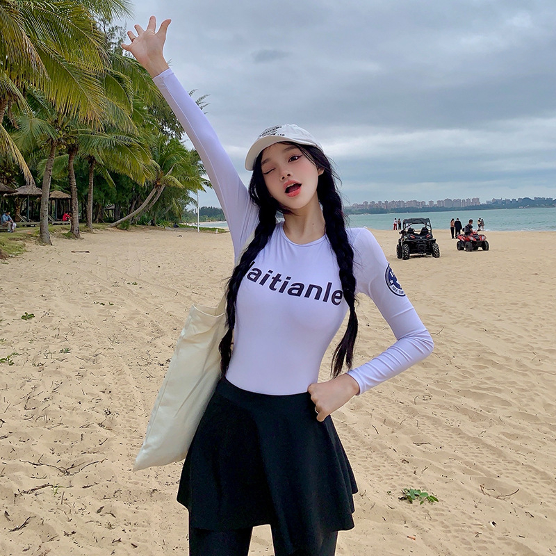 Moterų povandeninio nardymo maudymosi kostiumėlis su sijonėliu ir ilgomis kelnėmis, ilgos rankovės, UV apsauga, bambuso pluoštas, greitai džiūsta, vienos spalvos, visais sezonams