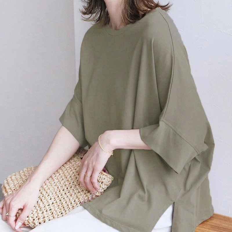 Pamukasta majica japanskog stila, batwing rukavima, slobodan kroj, jednobojni dizajn