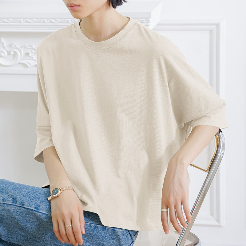 Pamukasta majica japanskog stila, batwing rukavima, slobodan kroj, jednobojni dizajn