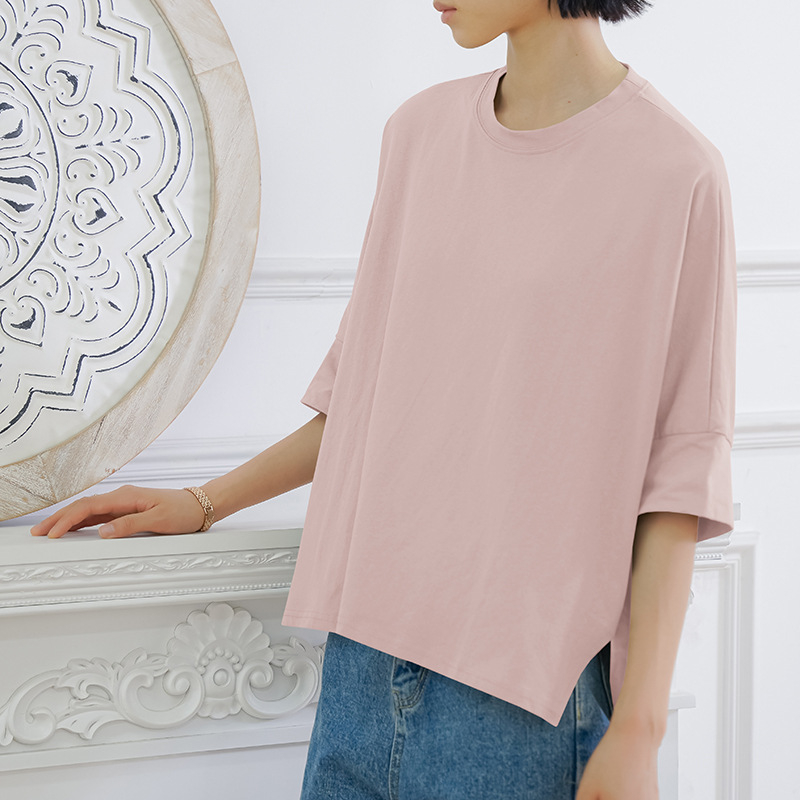 Pamukasta majica japanskog stila, batwing rukavima, slobodan kroj, jednobojni dizajn