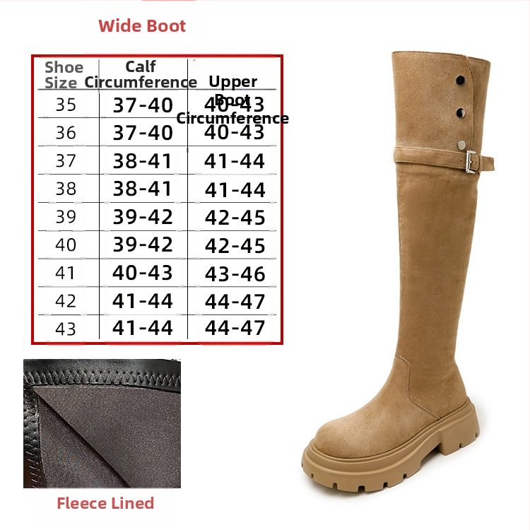 Dámske jazdecké čižmy nad kolená, semišový vršok, gumová podrážka, bočný zips, stredný podpätok 3–5 cm, podšívka z umelej kožušiny