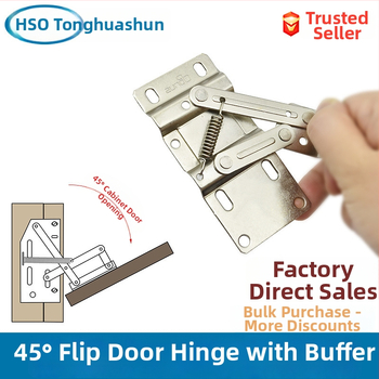 Szekrényajtó pánt büferrel, 45°-os billenő ajtóhoz, vasból, nikkelezett felülettel, fa ajtókhoz