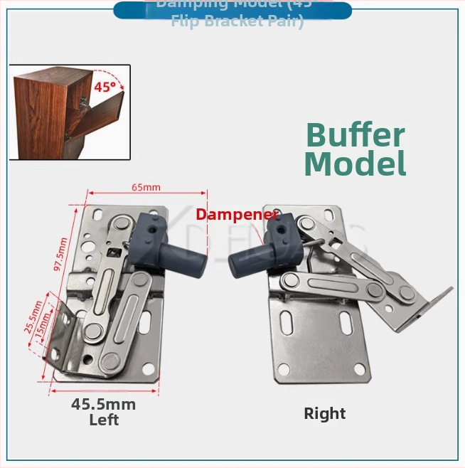 Szekrényajtó pánt büferrel, 45°-os billenő ajtóhoz, vasból, nikkelezett felülettel, fa ajtókhoz