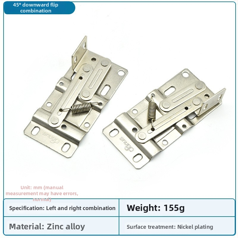 Szekrényajtó pánt büferrel, 45°-os billenő ajtóhoz, vasból, nikkelezett felülettel, fa ajtókhoz