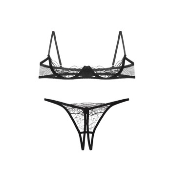 Moterų apatinių drabužių rinkinys: siuvinėta tinklinė liemenėlė su pusės puodeliu, poliesterio audinys, pagrindinio audinio dalis mažiau nei 30%