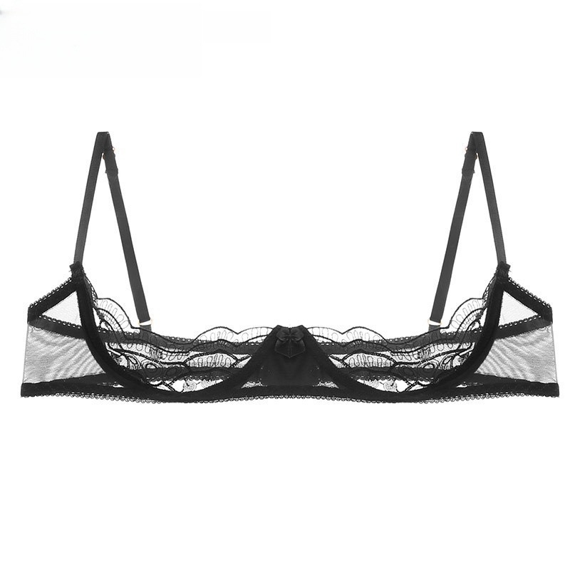 Moterų apatinių drabužių rinkinys: siuvinėta tinklinė liemenėlė su pusės puodeliu, poliesterio audinys, pagrindinio audinio dalis mažiau nei 30%