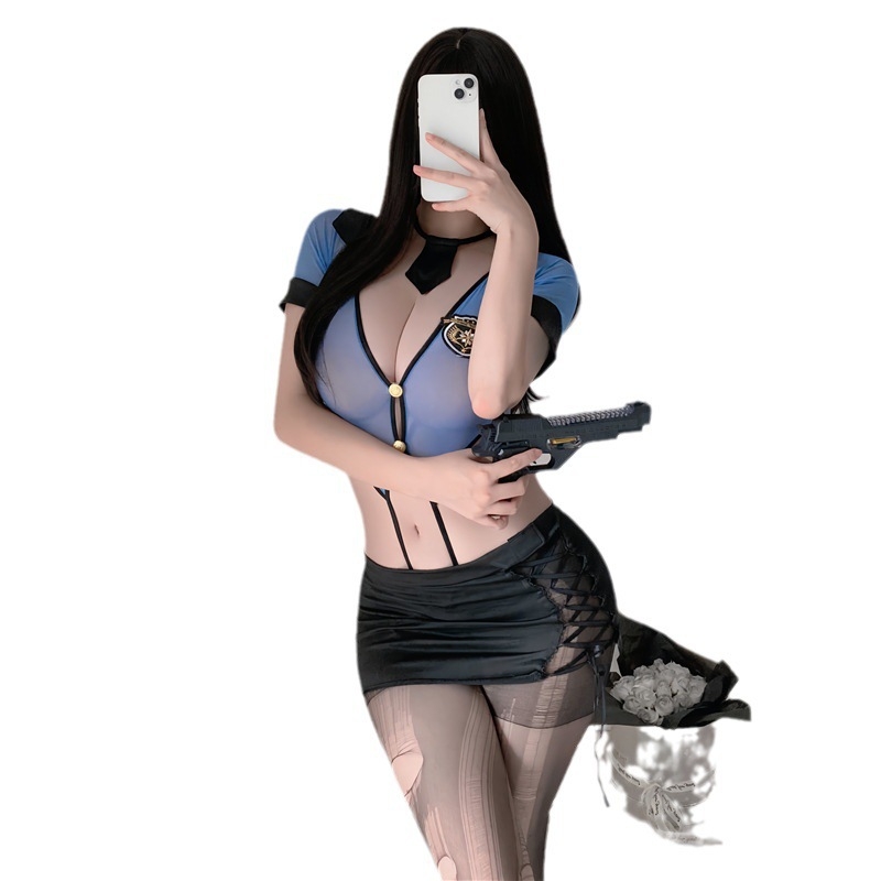 Policijski cosplay bodi s mrežastim panelima, izrezima i V-izrezom, dizajn hip suknje; poliester tkanina, 80–90% poliester