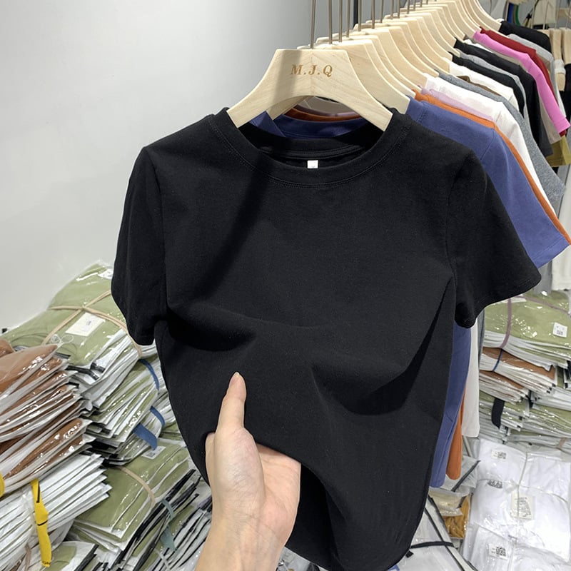 Ženski pamuk T-shirt slim-fit, kratka rukava, okrugli izrez