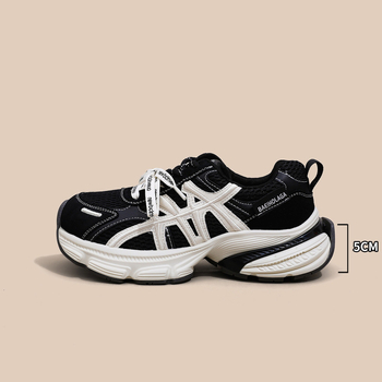 Dámske retro tenisky s hrubou podrážkou, zvyšujúce výšku, priedušné, vrchnák: umelá koža + textil, predné šnurovanie, 3-5 cm výška päty