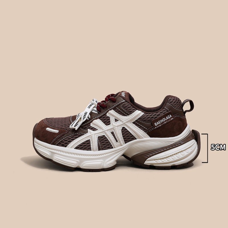 Dámske retro tenisky s hrubou podrážkou, zvyšujúce výšku, priedušné, vrchnák: umelá koža + textil, predné šnurovanie, 3-5 cm výška päty