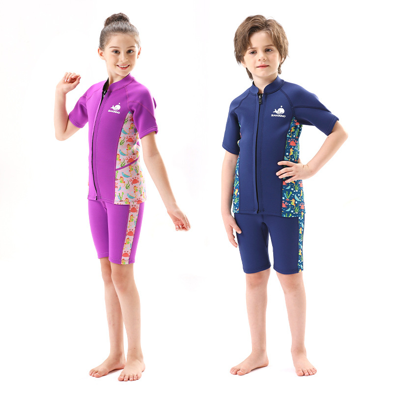 Vaikų 2,5 mm SCR neopreno dviejų dalių wetsuit, unisex, šiltas ir UV apsauga, skirtas plaukiojimui, nardymui ir snorkelingui